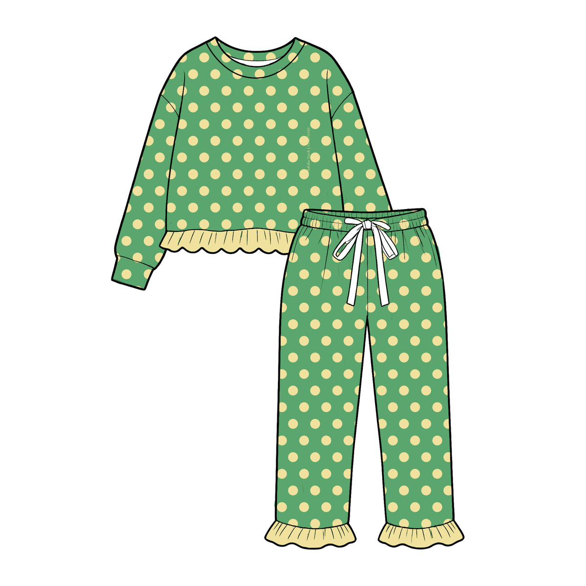 Yellow polka dots print girl long sleeve outfit preorder