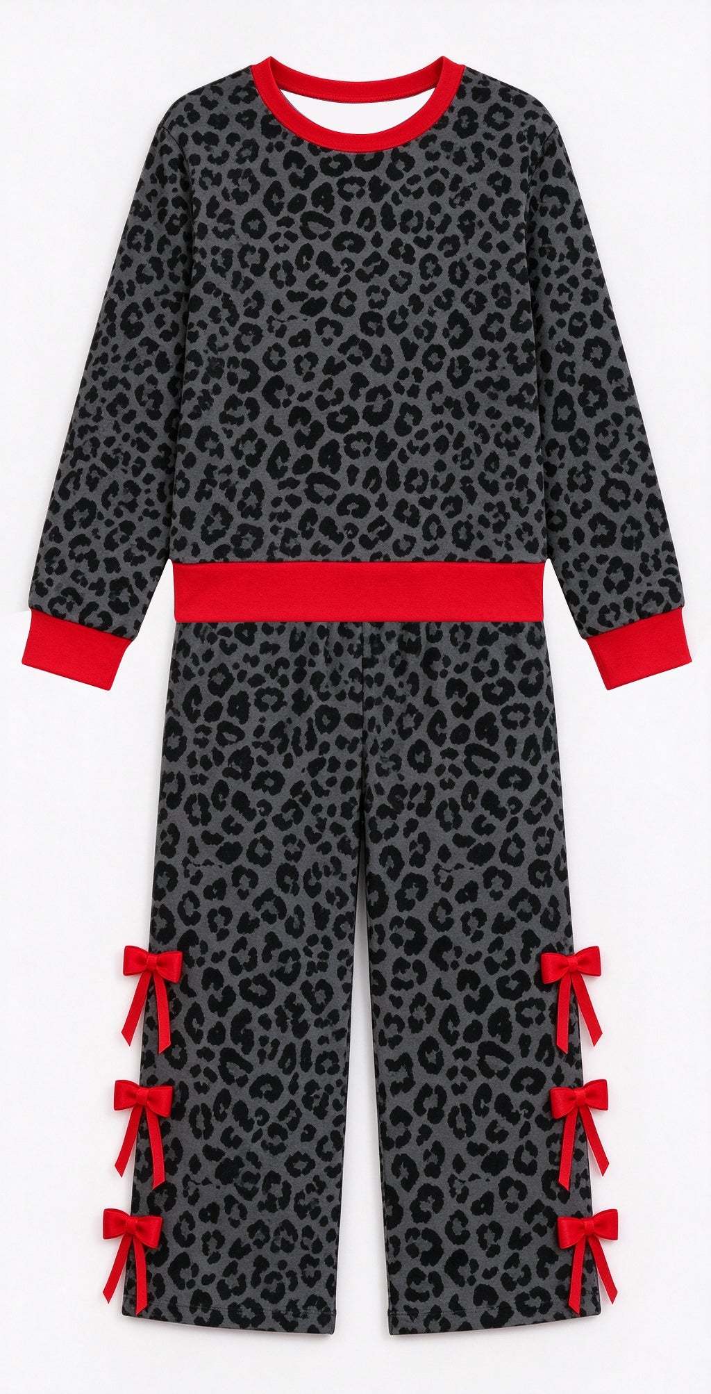Black leopard design girls long sleeve top pants outfit preorder