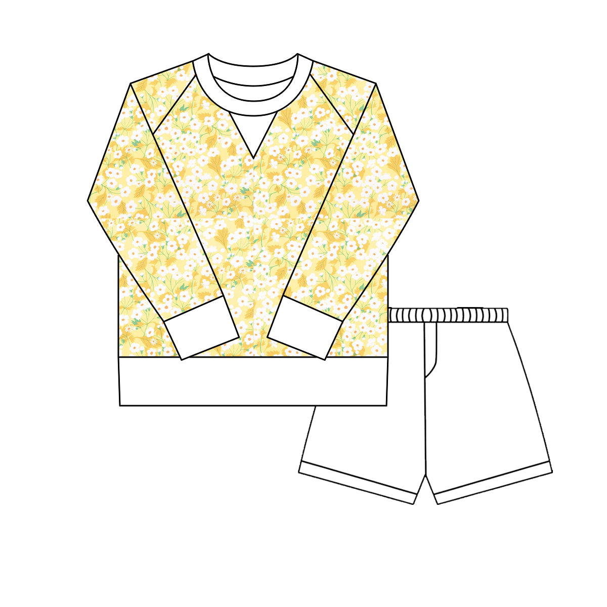 Yellow floral yoga top matching shorts girls long sleeve outfit preorder