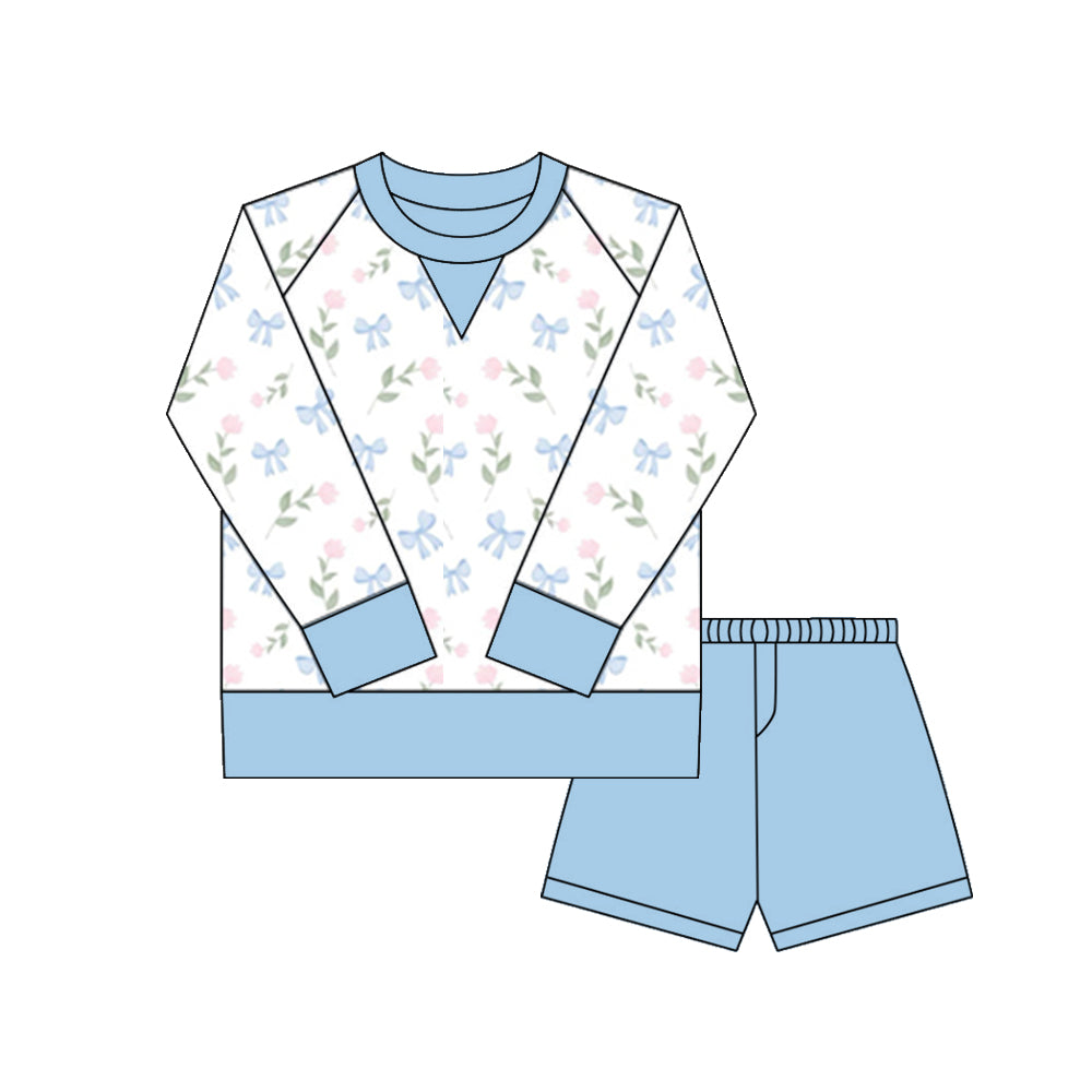 Blue bow pink Floral yoga top matching shorts girls long sleeve outfit preorder