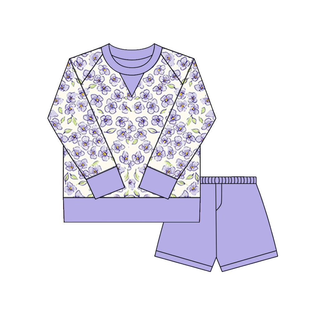 Lavender Floral yoga top matching shorts girls long sleeve outfit preorder