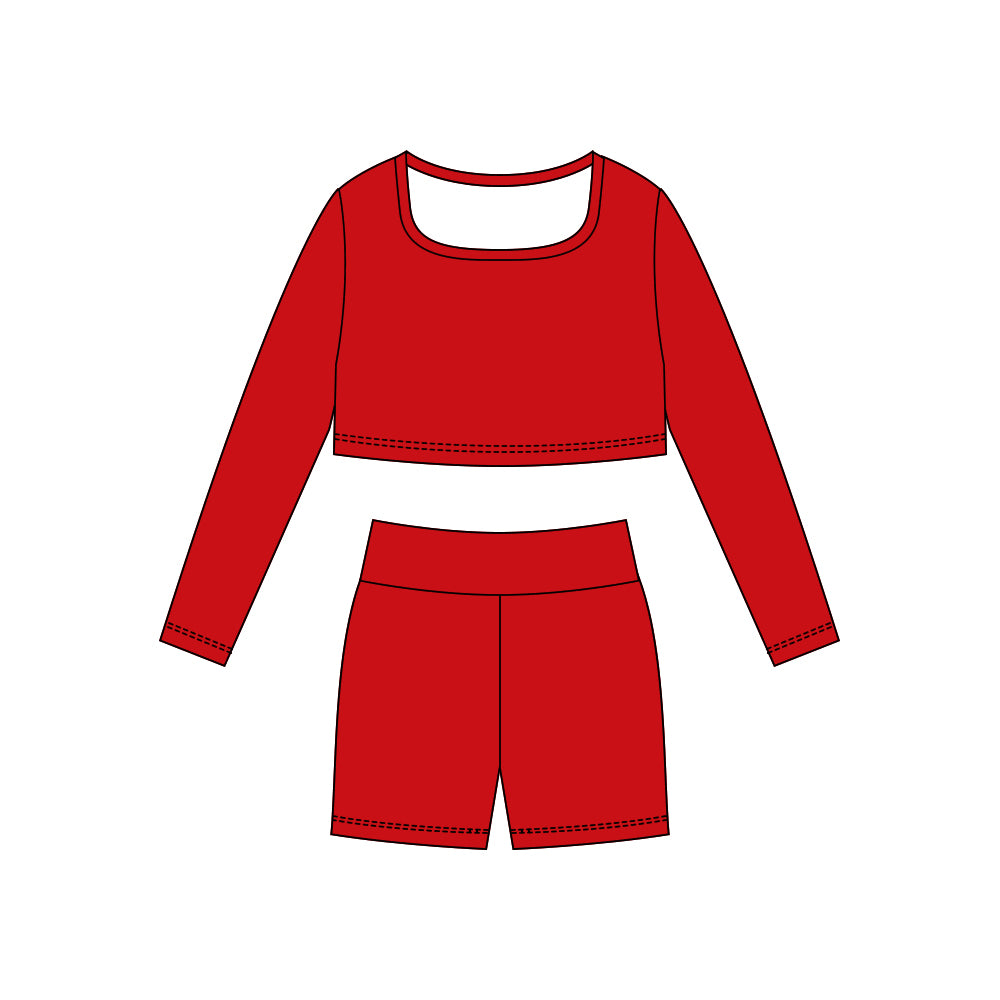 Red long sleeve yoga top matching shorts girls outfit preorder