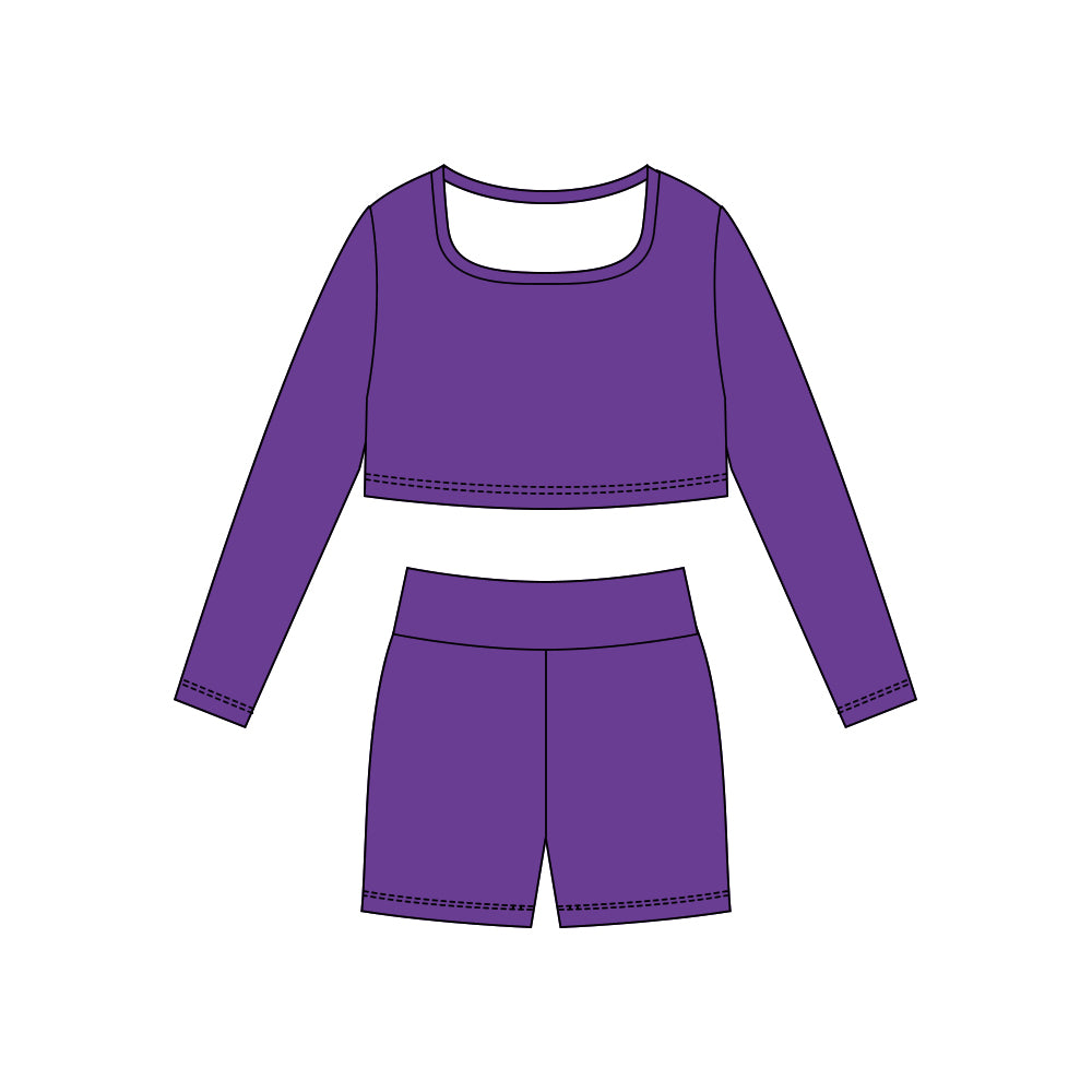 Purple long sleeve yoga top matching shorts girls outfit preorder