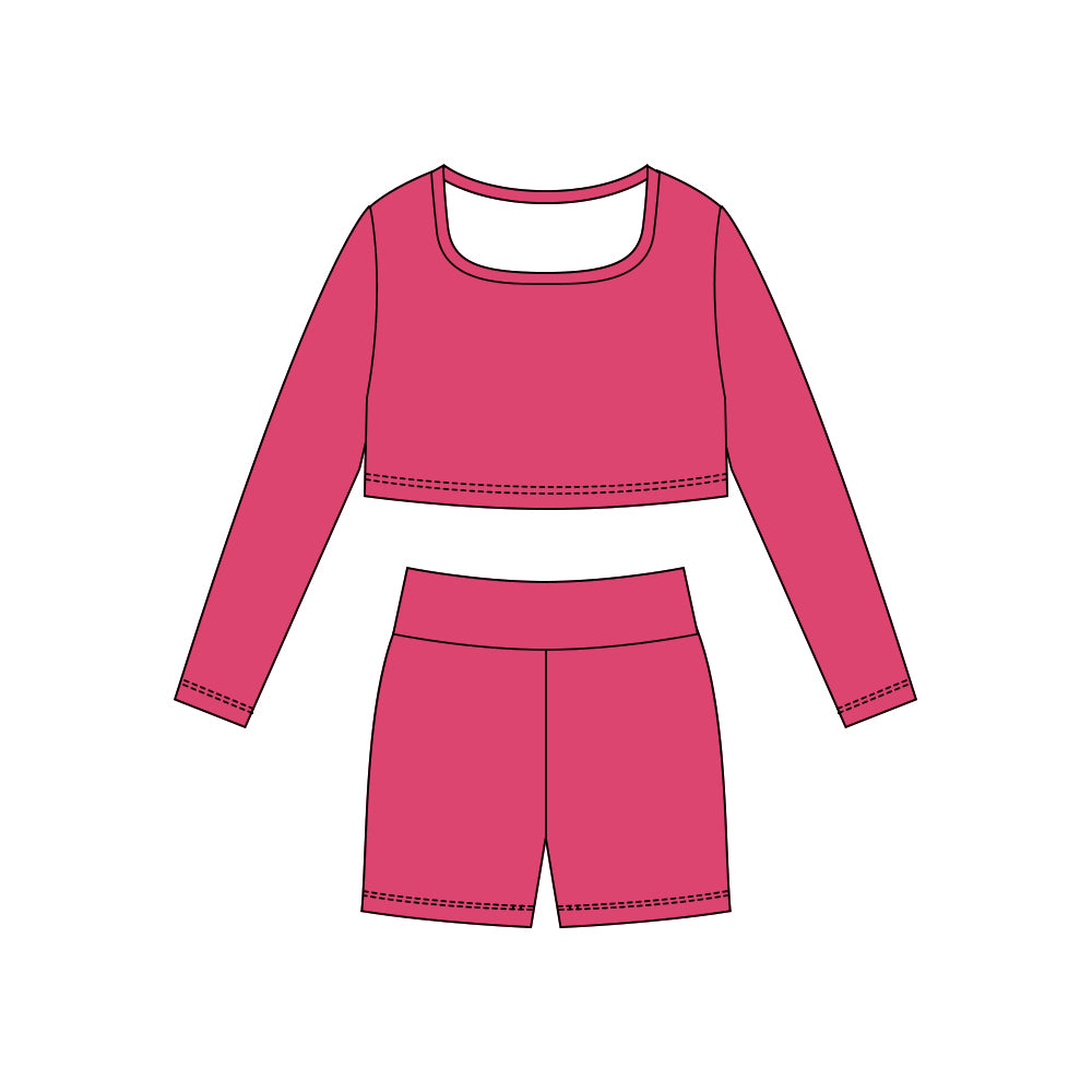 Hot Pink long sleeve yoga top matching shorts girls outfit preorder