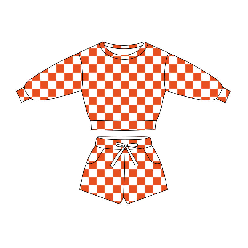 Orange checkered long sleeve top matching shorts girls clothes preorder