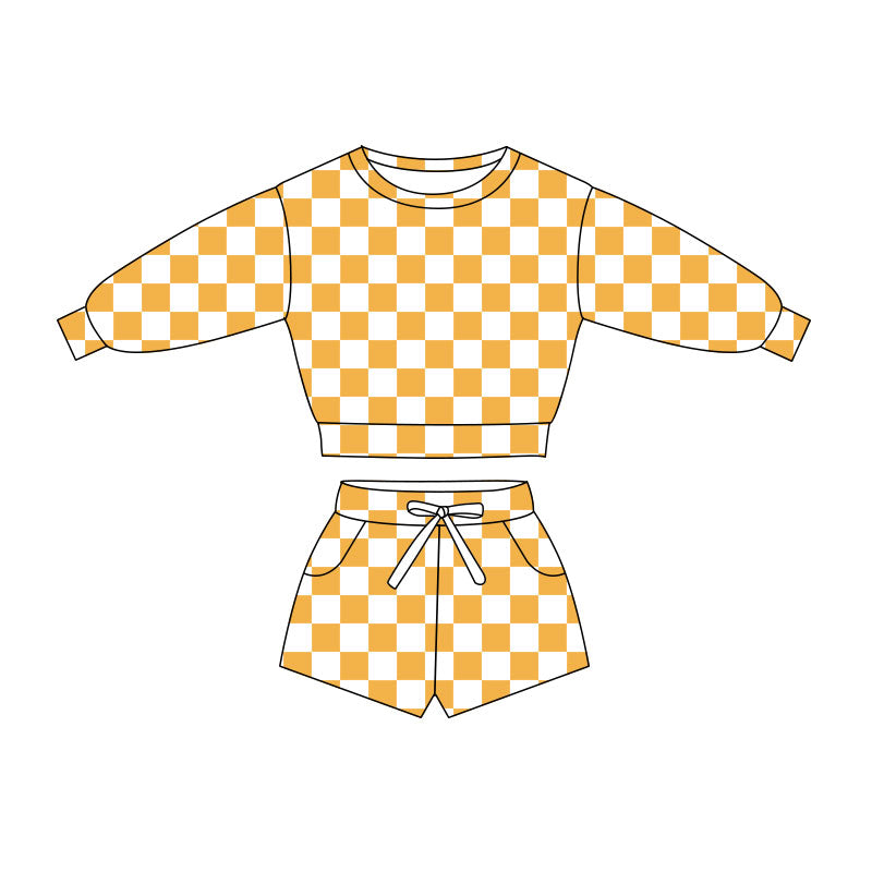 Yellow checkered long sleeve top matching shorts girls clothes preorder