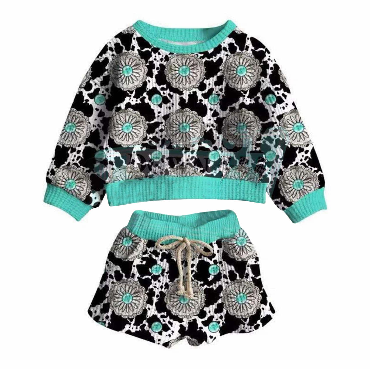 Turquoise top matching shorts kids long sleeve outfit preorder