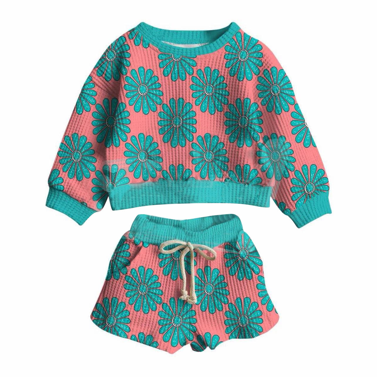 Turquoise top matching shorts kids long sleeve outfit preorder