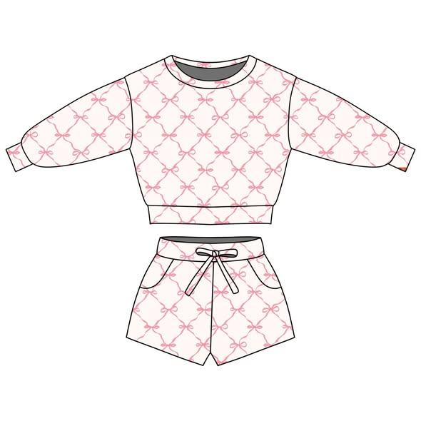 Pink bow long sleeve top matching shorts kids wholesale outfit preorder