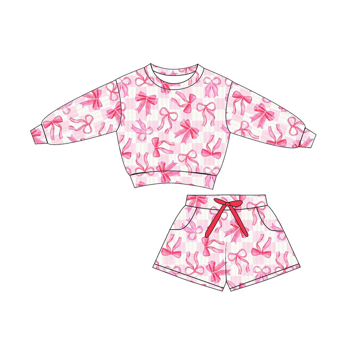 Pink bow long sleeve top matching shorts kids wholesale outfit preorder