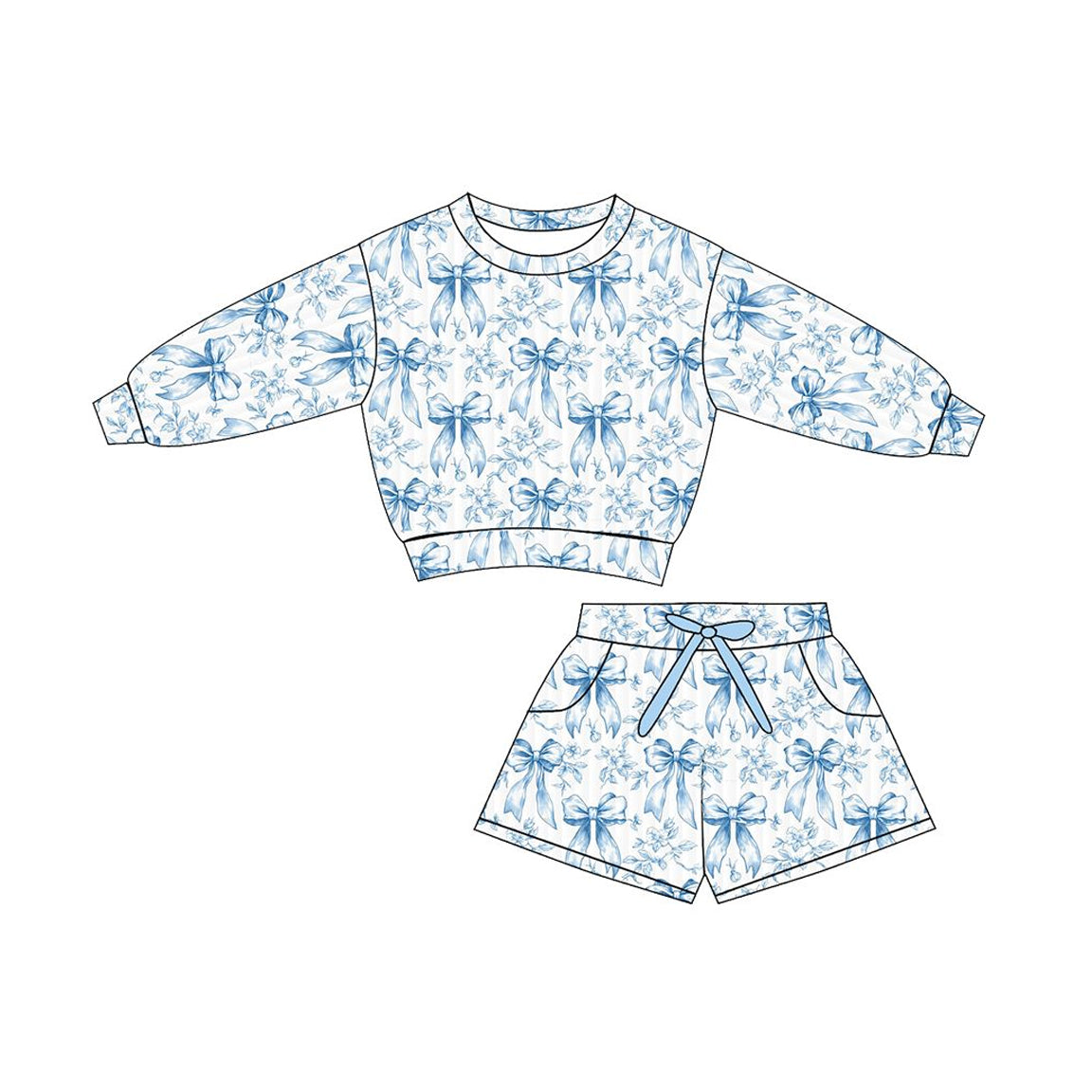 Blue bow long sleeve top matching shorts kids wholesale outfit preorder