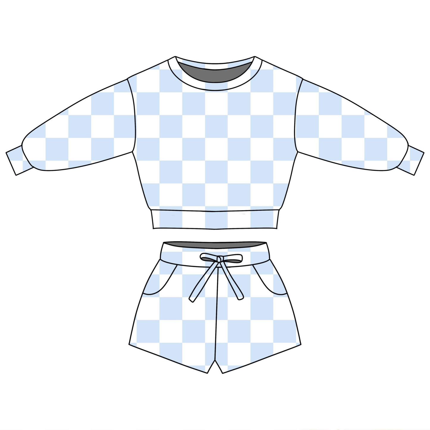 Blue plaid long sleeve top matching shorts girls outfit preorder