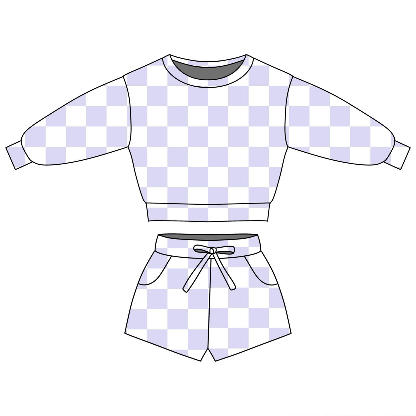 Purple plaid long sleeve top matching shorts girls outfit preorder