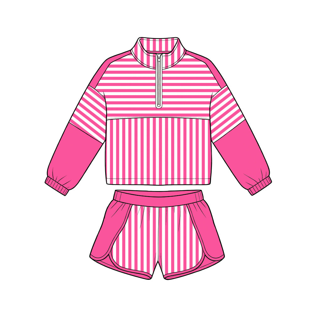 Pink long sleeve yoga pullover top matching shorts girls outfit preorder