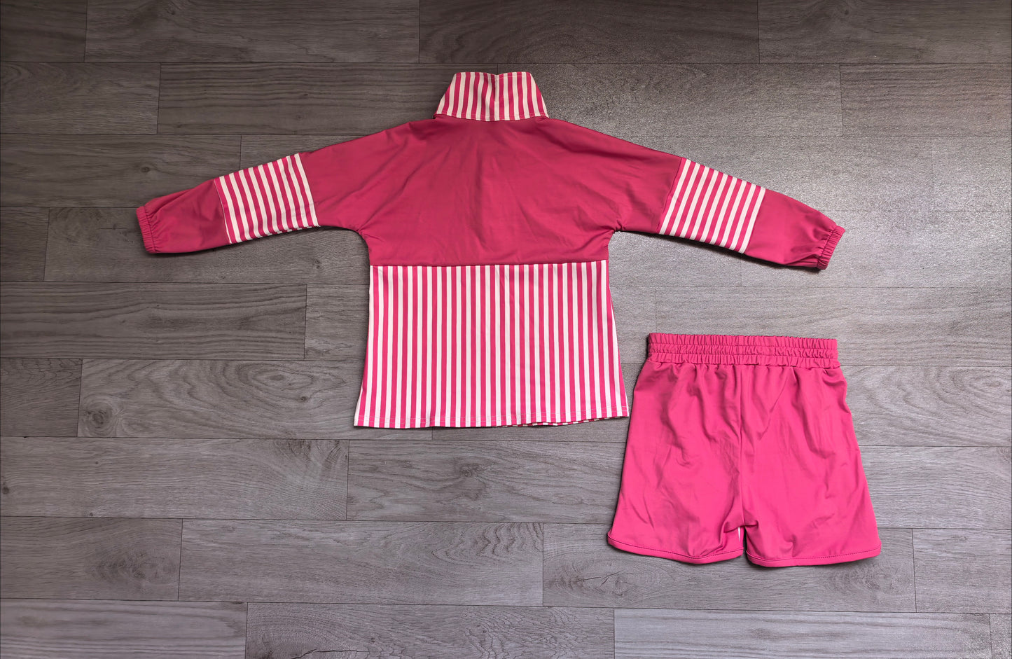Pink long sleeve yoga pullover top matching shorts girls outfit preorder