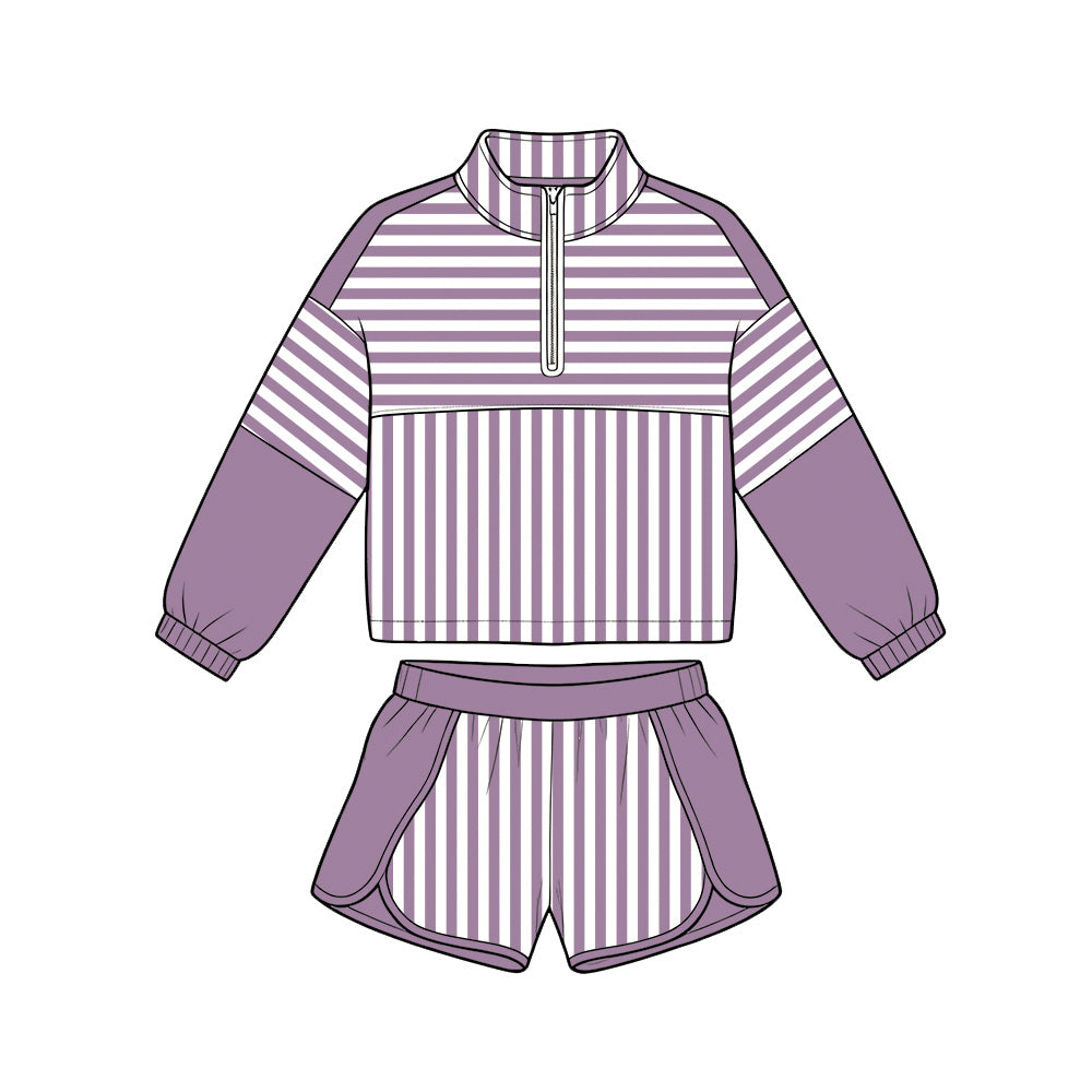 Purple long sleeve yoga pullover top matching shorts girls outfit preorder