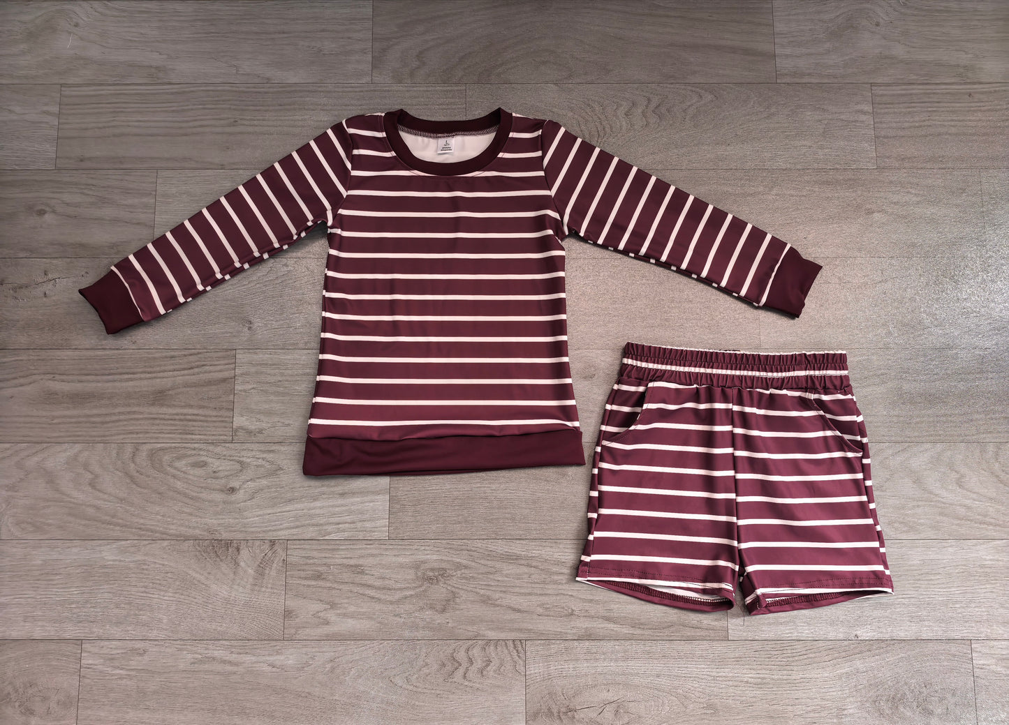 Maroon stripes long sleeve yoga pullover top matching shorts girls outfit preorder