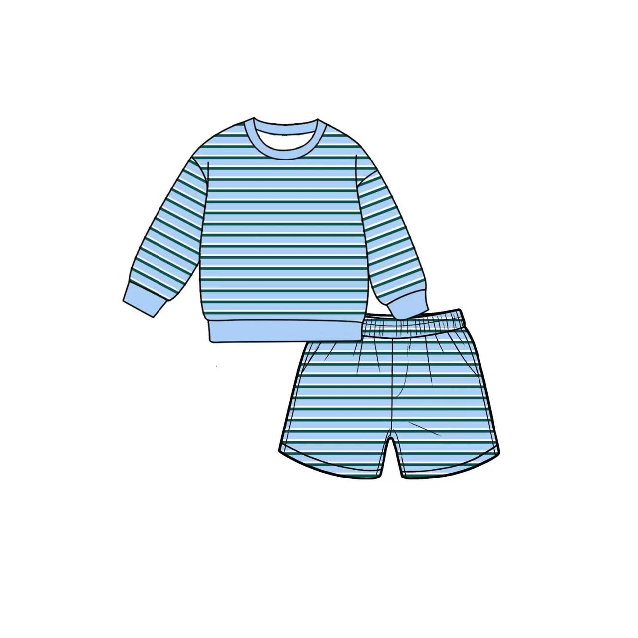 Sky Blue stripes long sleeve yoga pullover top matching shorts girls outfit preorder