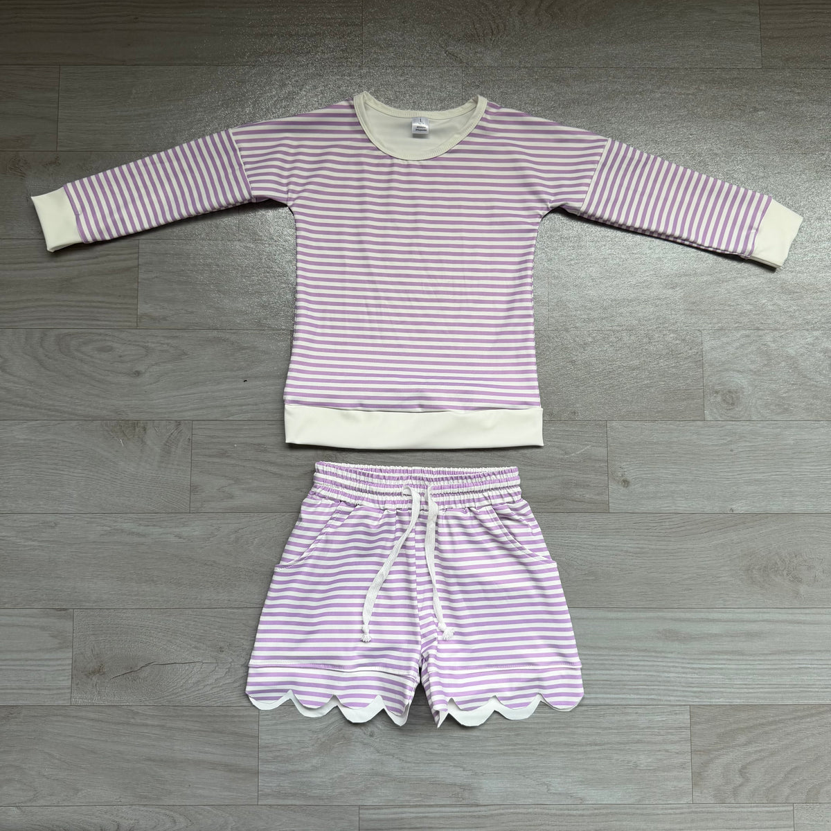 Lavender stripes long sleeve yoga pullover top matching shorts girls outfit preorder