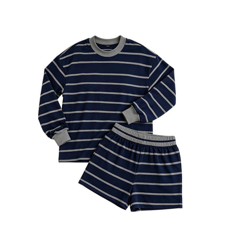 Adult Women dark blue stripes yoga top matching shorts summer outfit preorder