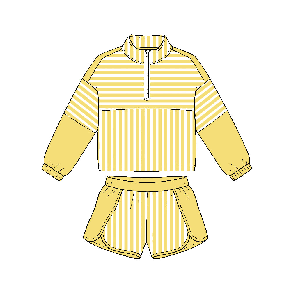 Yellow stripes yoga pullover top matching shorts girls outfit preorder