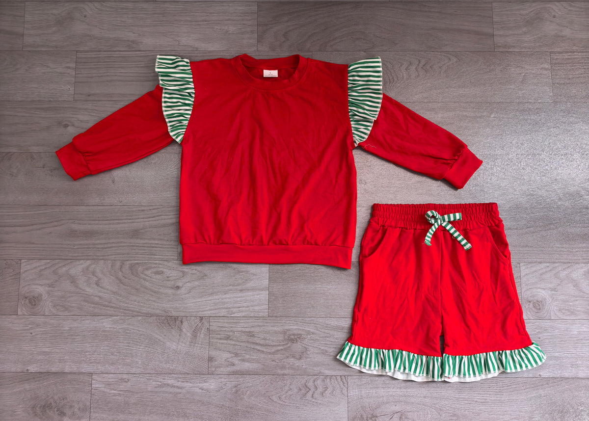 Red long sleeve top matching shorts girls outfit preorder