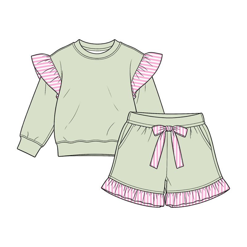 Pea Green long sleeve top matching shorts girls outfit preorder