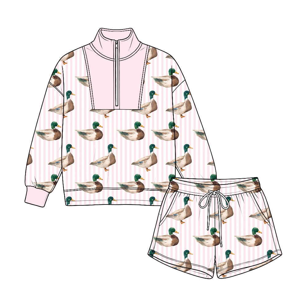 Mallard duck print long sleeve pullover top matching shorts girls fall winter outfit preorder