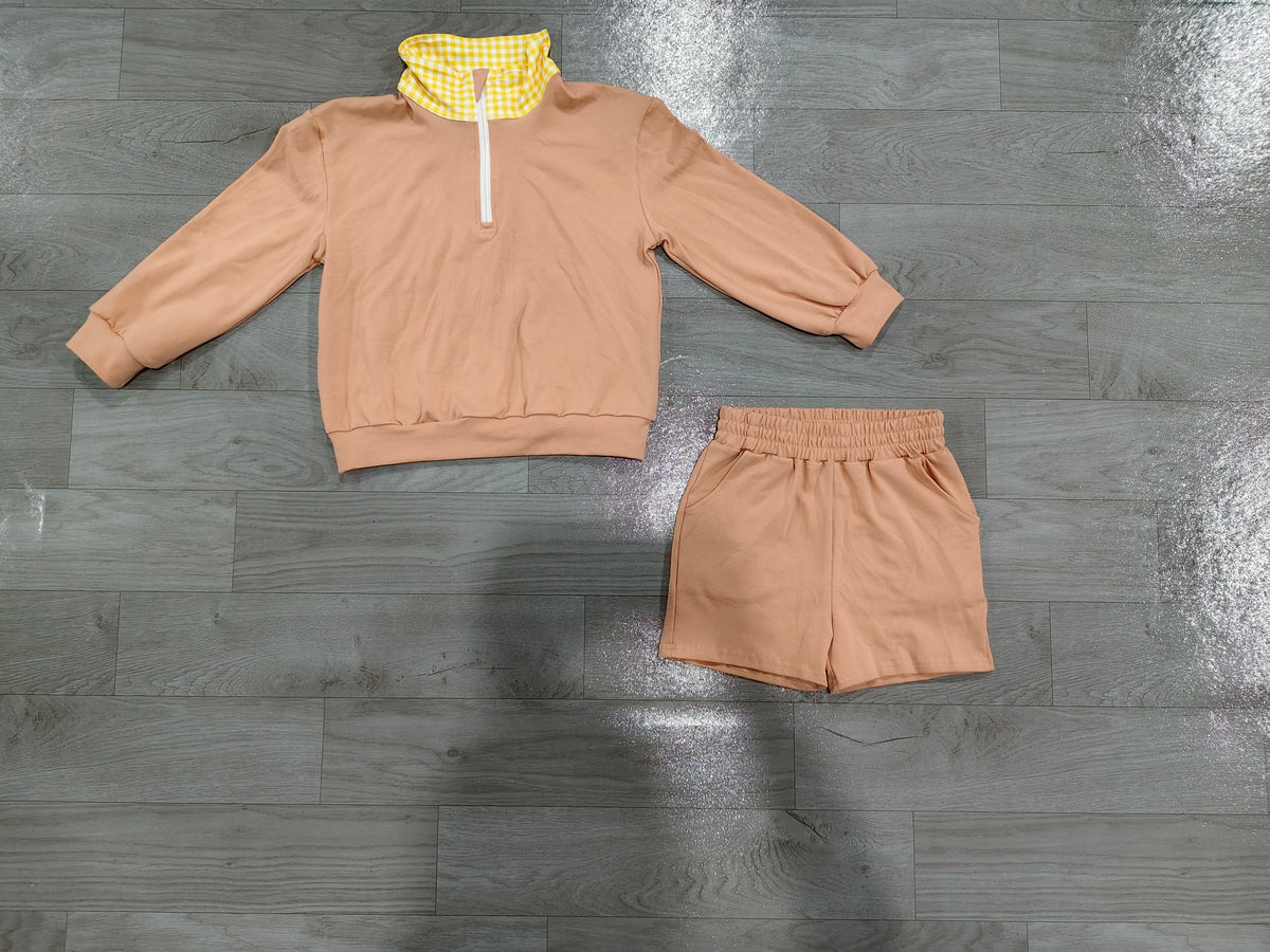 Long sleeve brown pullover top matching shorts girls clothes preorder