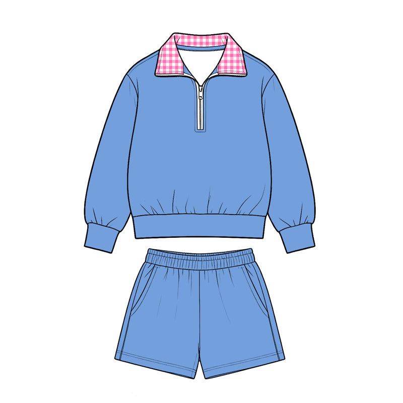 Long sleeve dark blue pullover top matching shorts girls clothes preorder