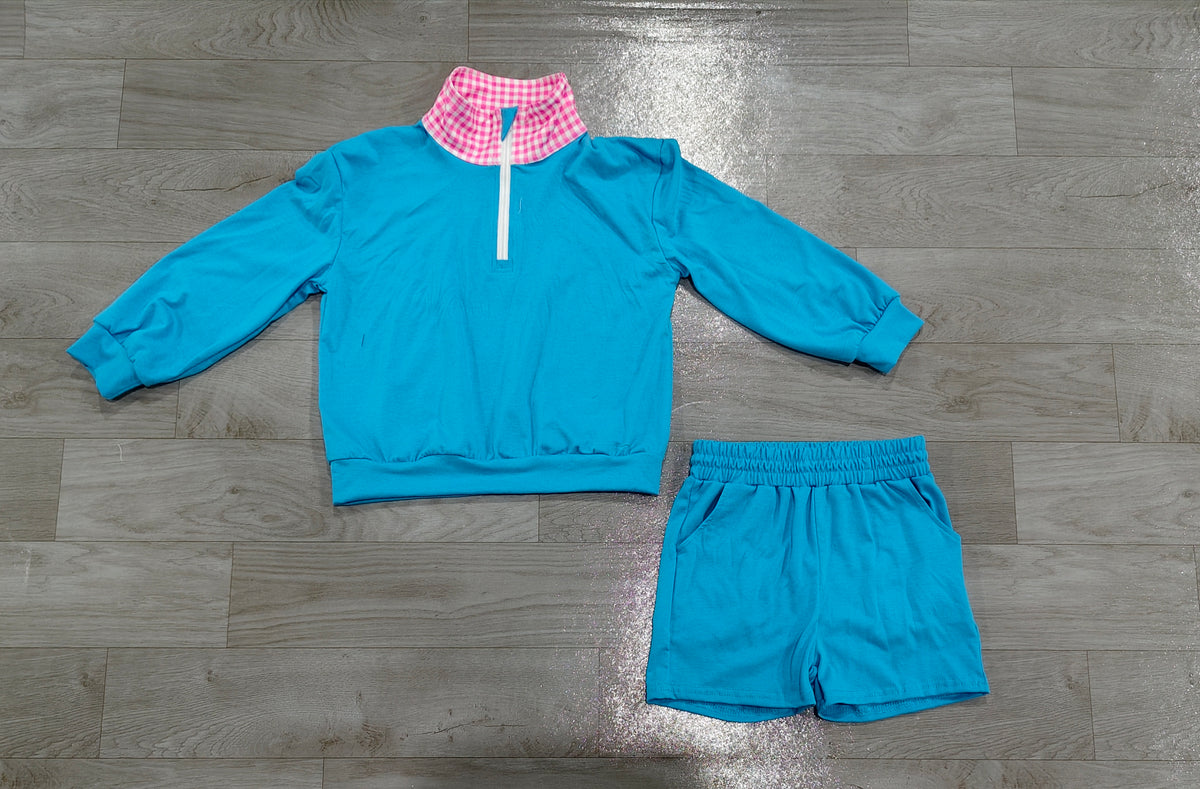 Long sleeve dark blue pullover top matching shorts girls clothes preorder