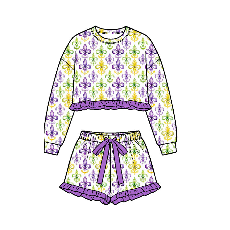 Mardi Gras long sleeve top matching shorts girls outfit preorder