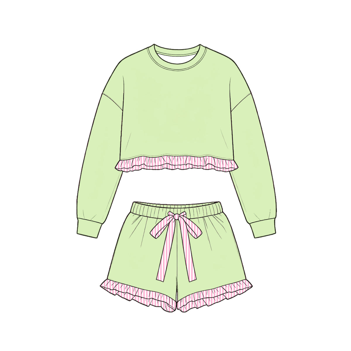 Long sleeve lime green cotton top matching shorts girls cotton clothes preorder