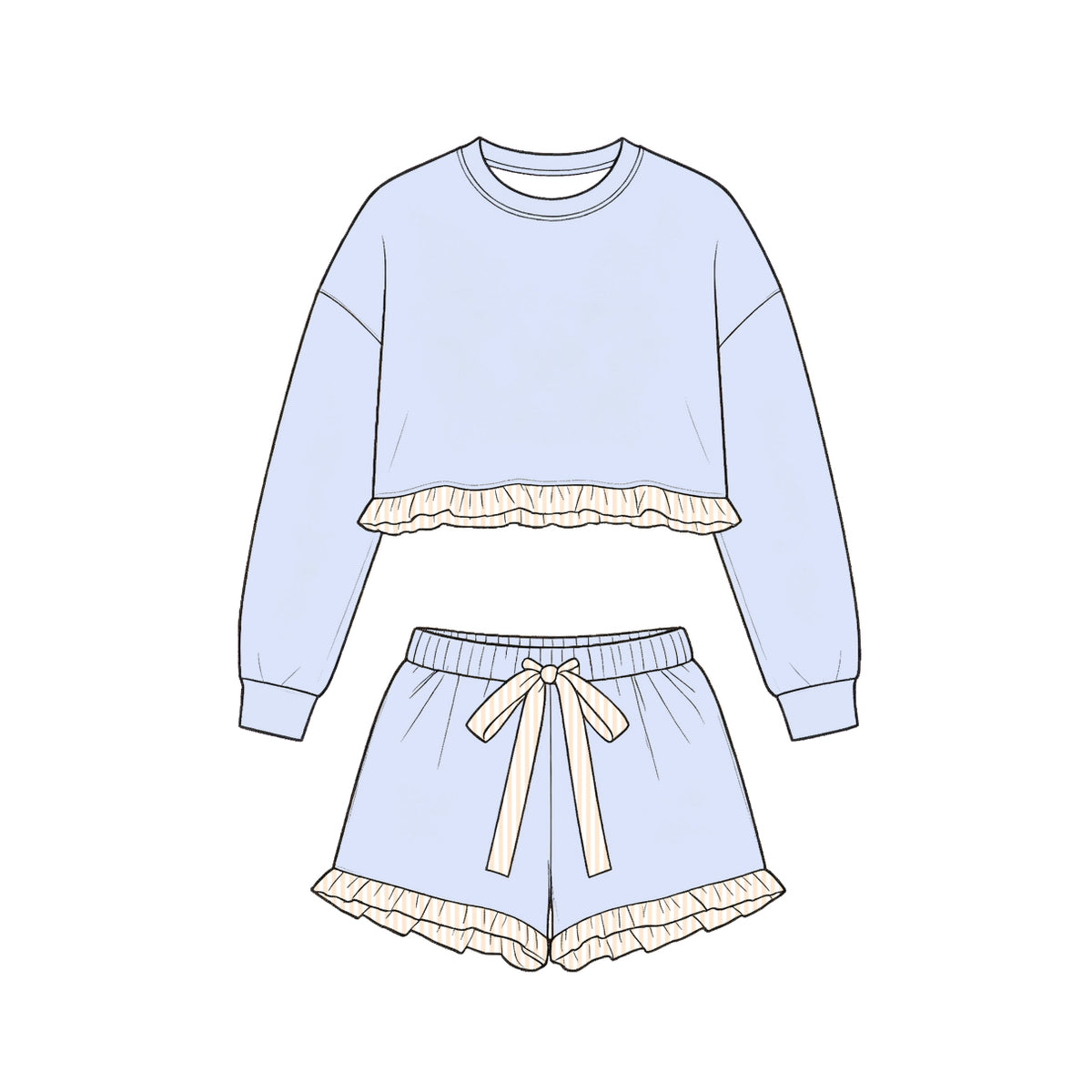 Long sleeve blue cotton top matching shorts girls cotton clothes preorder