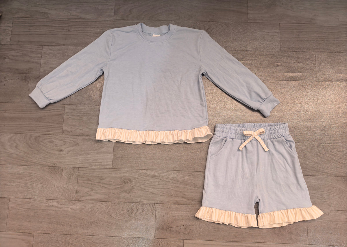 Long sleeve blue cotton top matching shorts girls cotton clothes preorder