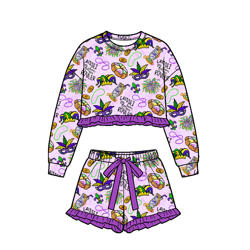 Mardi Gras long sleeve top matching shorts girls outfit preorder