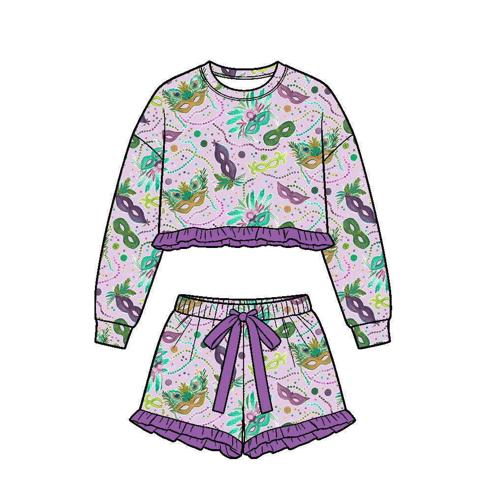 Mardi Gras long sleeve top matching shorts girls outfit preorder