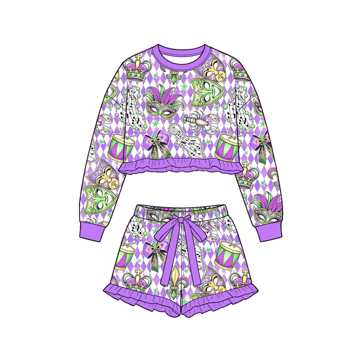 Mardi Gras long sleeve top matching shorts girls outfit preorder