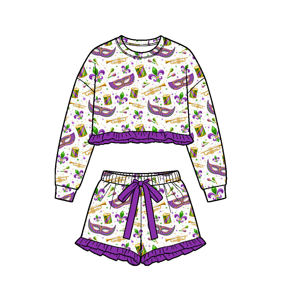 Mardi Gras long sleeve top matching shorts girls outfit preorder