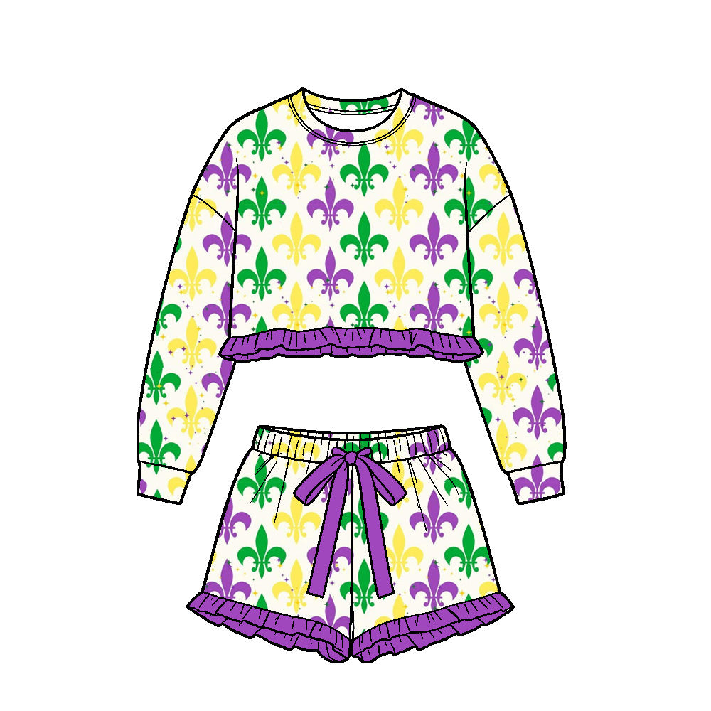 Mardi Gras long sleeve top matching shorts girls outfit preorder
