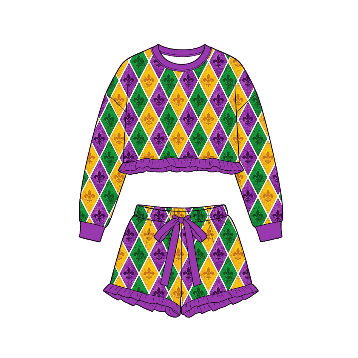 Mardi Gras long sleeve top matching shorts girls outfit preorder