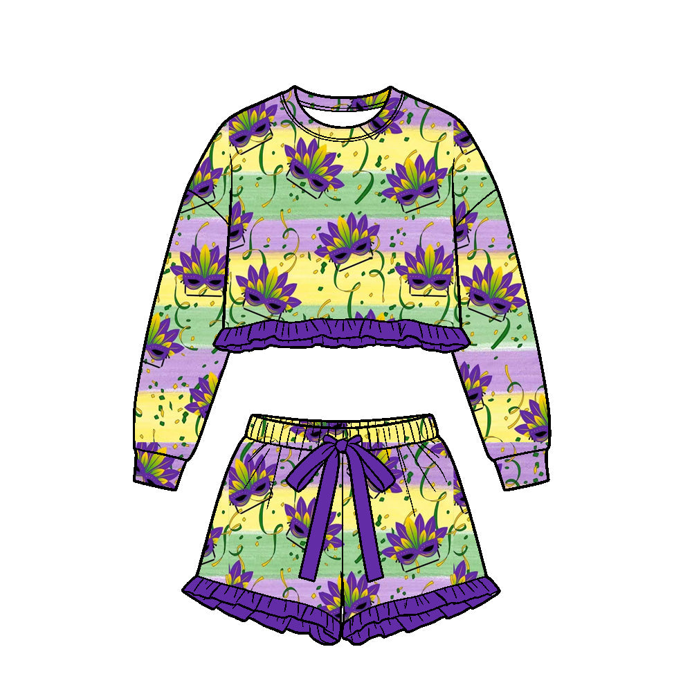 Mardi Gras long sleeve top matching shorts girls outfit preorder