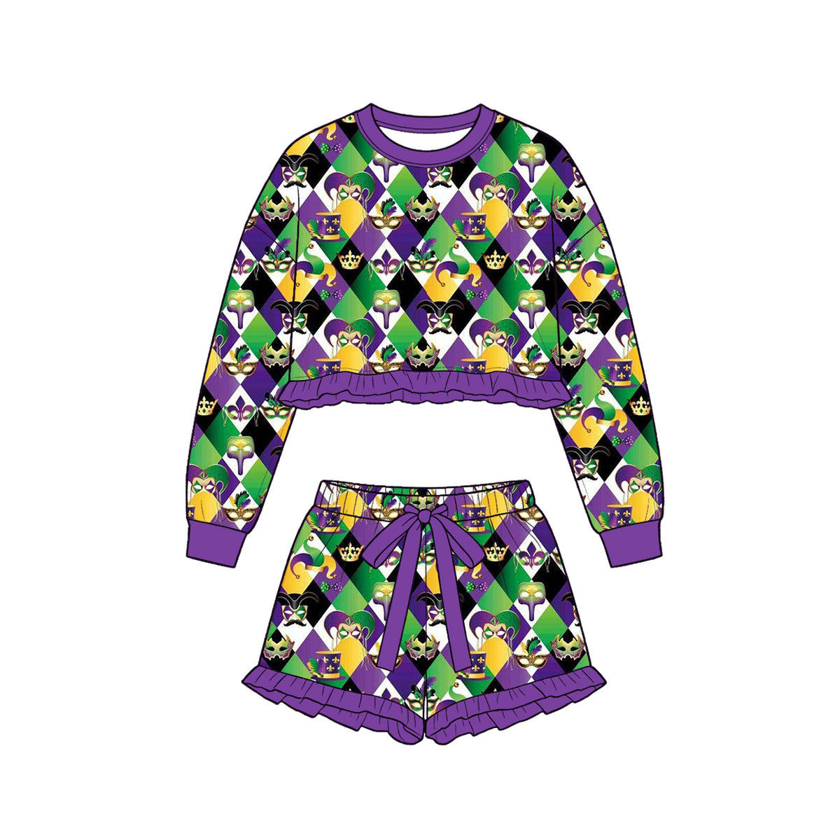 Mardi Gras long sleeve top matching shorts girls outfit preorder