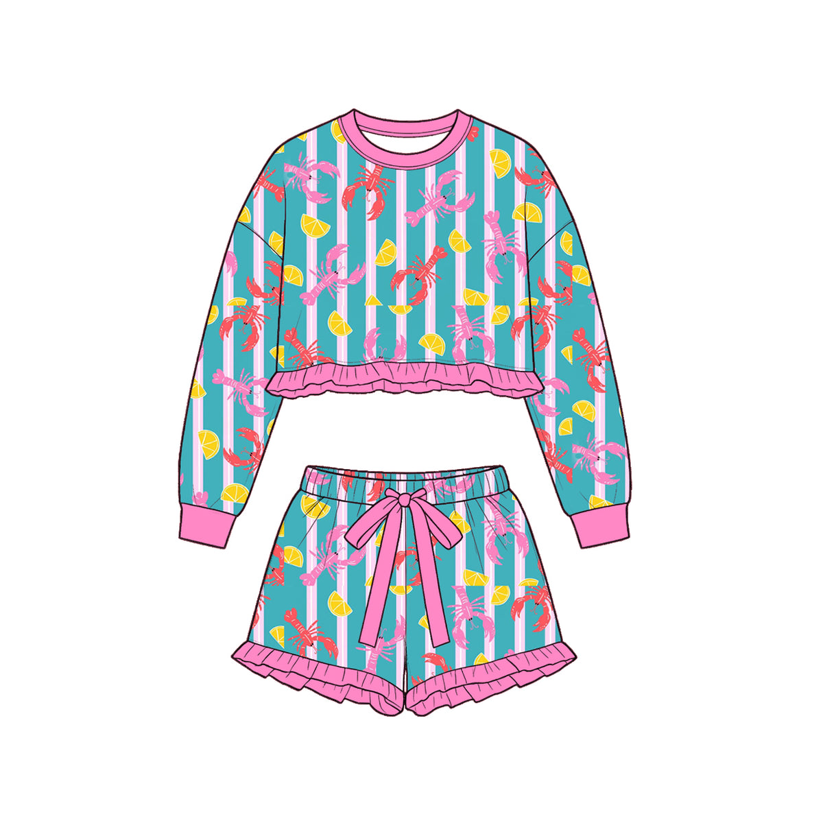 Crawfish corn print girls long sleeve matching set outfit preorder