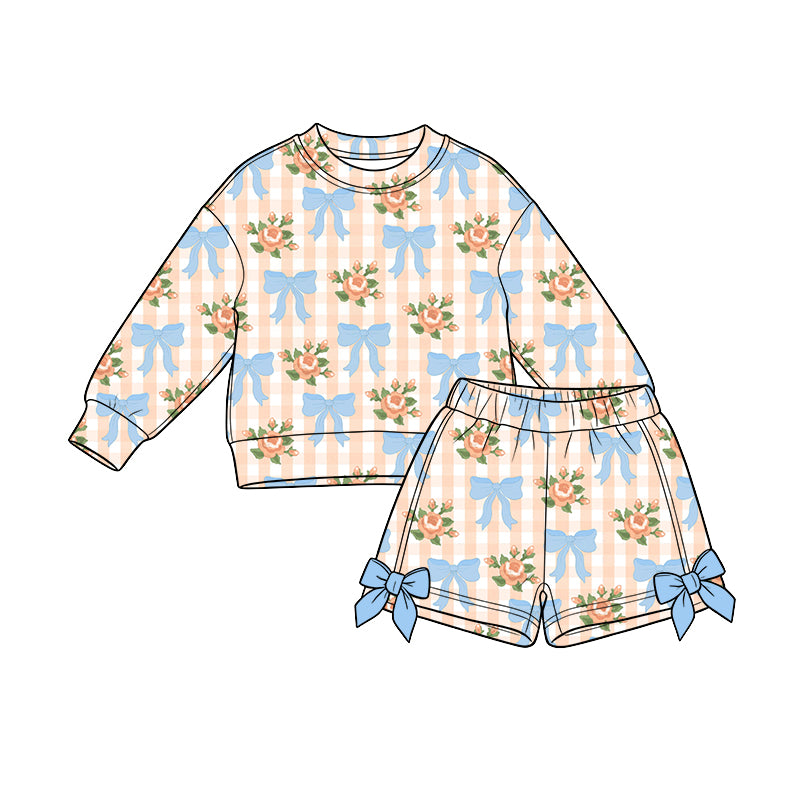 Blue bow floral print girls long sleeve matching set outfit preorder