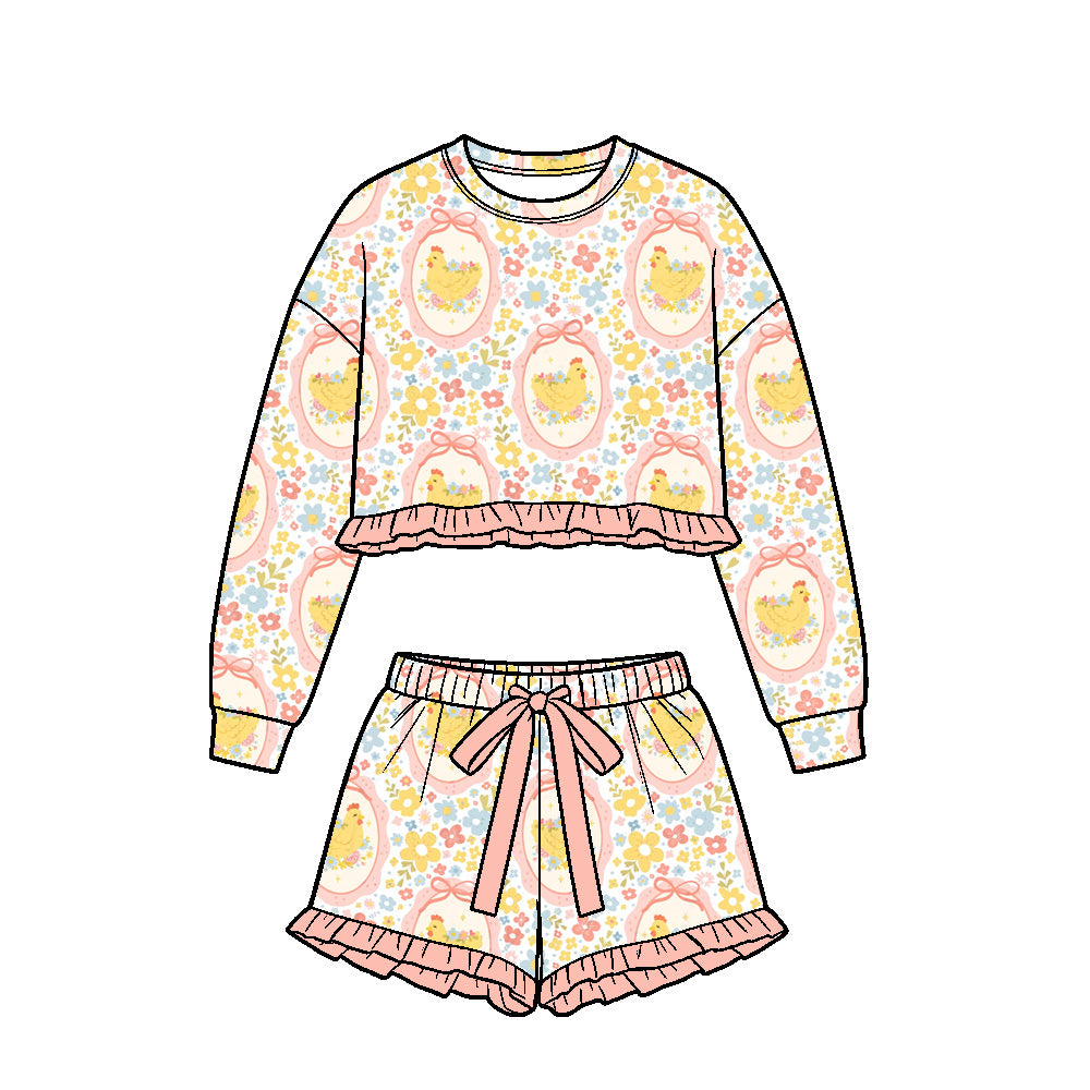 Girls Easter chicken flowers long sleeve skirt set outfit preorder
