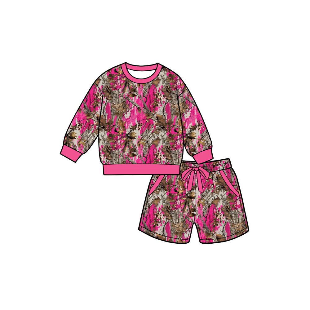Hot pink leaves print girls long sleeve top shorts set outfit preorder