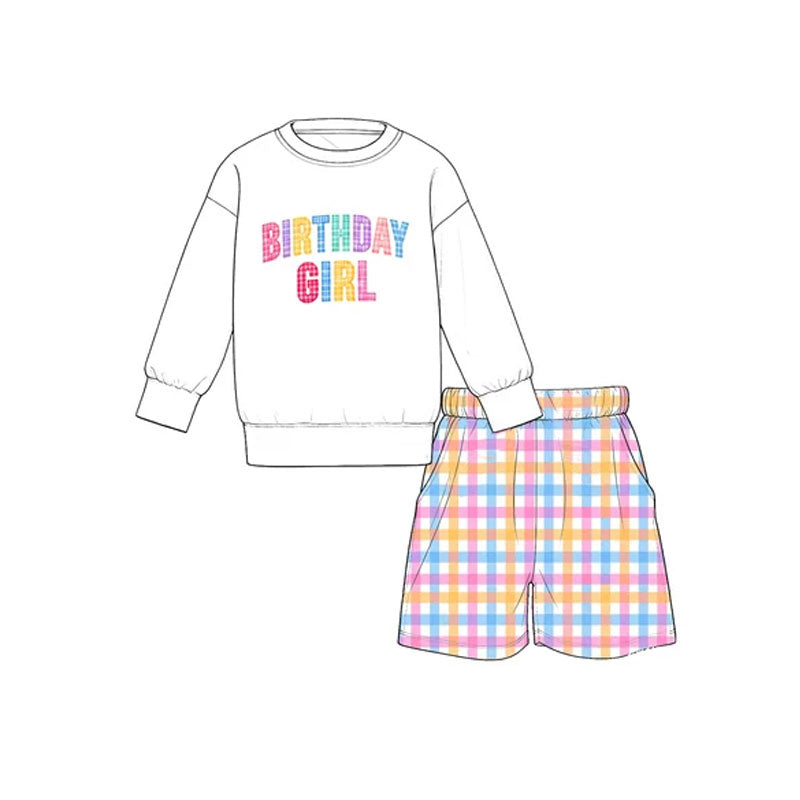 Birthday girl long sleeve top plaid shorts girls outfit preorder