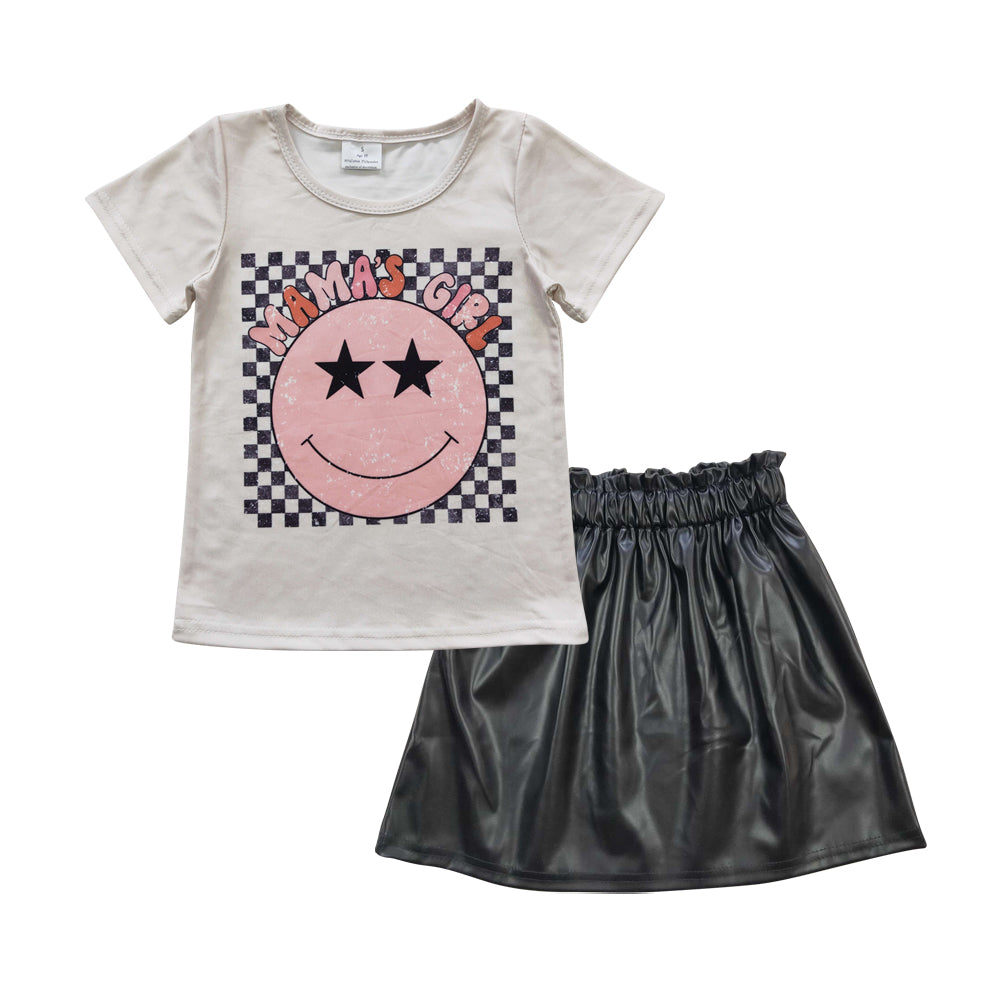 Wholesale price Mama's girl top p-leather skirt clothing set