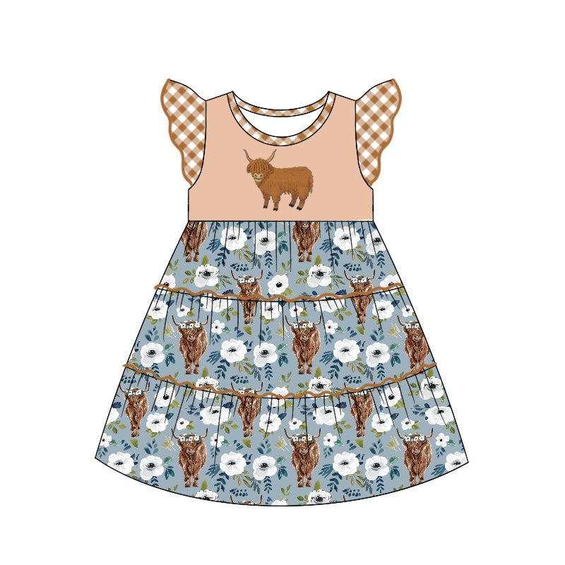 highland cow blue floral boutique dress preorder